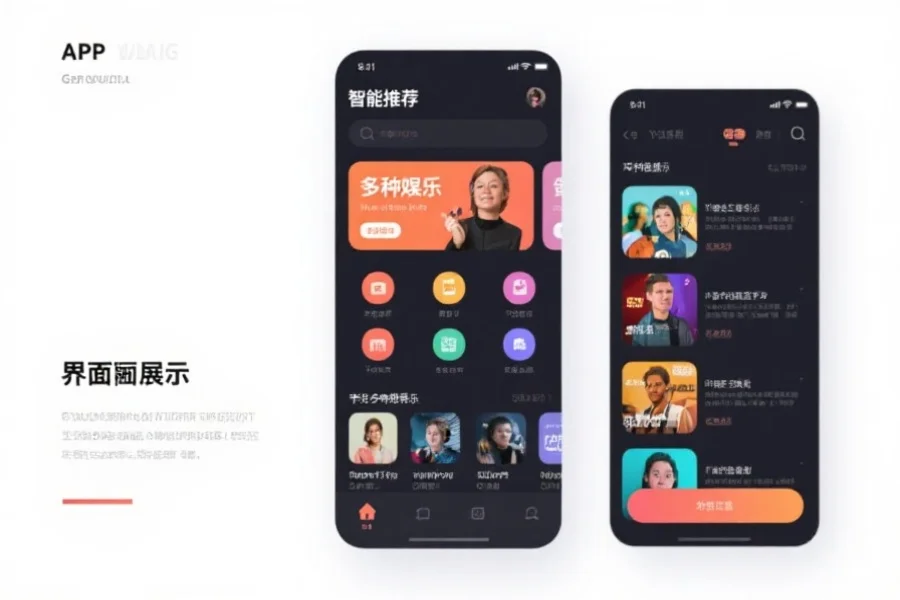 APP界面截图展示，包含智能推荐和多种娱乐选项，界面简洁现代